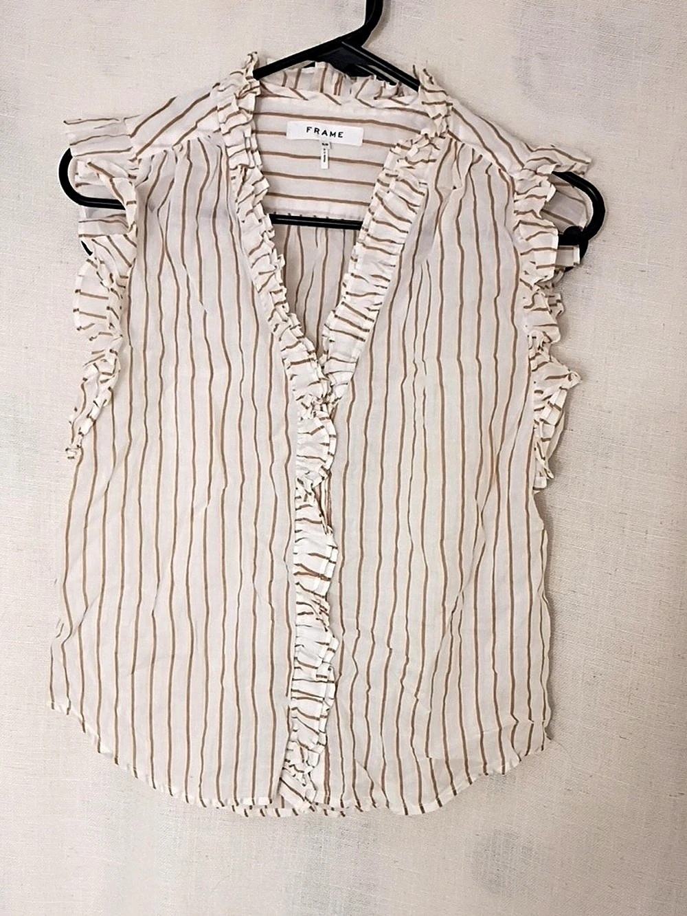 FRAME Striped Ruffle Blouse in White & Brown Size Small